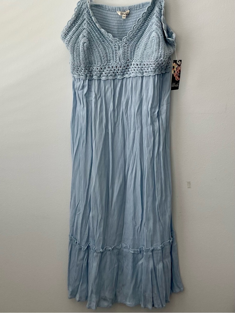 Hint of Blush Light Blue Crochet Bodice Maxi Dress Size 3X